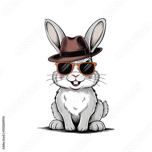 hand drawn vintage rabbit wearing hat and sunglass, vector 
