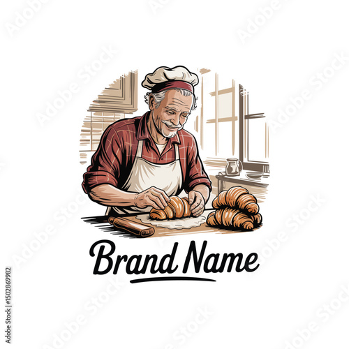 hand drawn grandpa making croissant logo design 