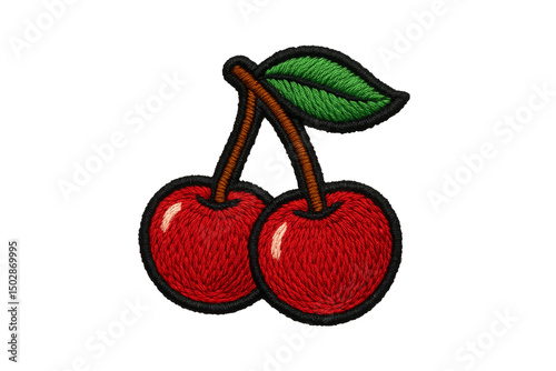 Embroidered Cherries Illustration on Black, Isolated Design Element