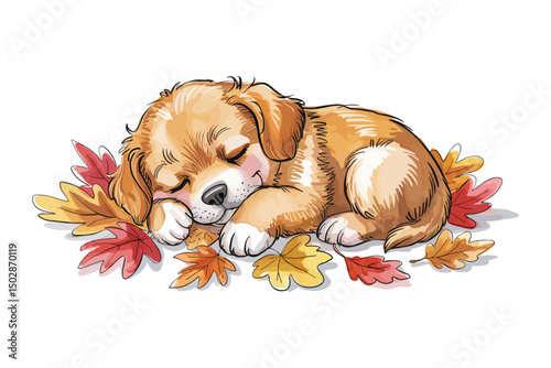 Cute happy dog sleeping on autumn leaves, watercolor illustration 