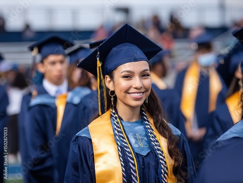 Smiling Latina high school graduate in cap and gown standing with other graduates in robes on graduation day, celebrating academic achievement together.