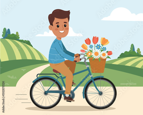 man riding a bike in spring with flowers in the basket, flat  vector illustration 
