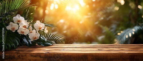 Orchids on wood, jungle sunset. Spa ad