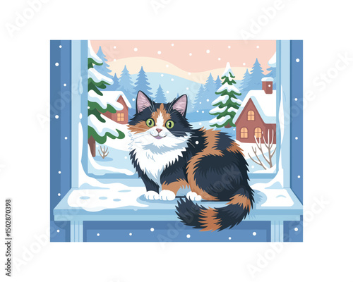 a cat sitting on the sill with winter landscape, vector illustration 