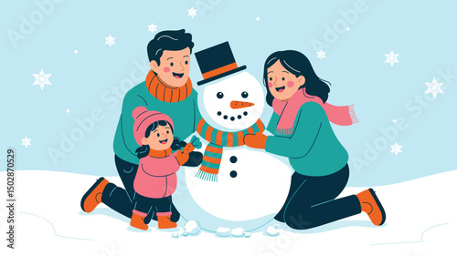 family making a snowman in winter, flat vector illustration 