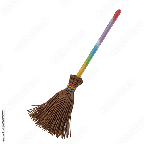 Whimsical Rainbow Broom with Brown Bristles on a Clean White Background