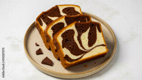 A close-up photograph of sliced marble cake on a speckled beige ceramic plate against a white textured background