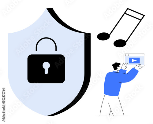 Lock on shield symbolizing protection, music notes for audio, and person holding a tablet. Ideal for cybersecurity, media ownership, copyright, content sharing, cloud storage, privacy simple landing