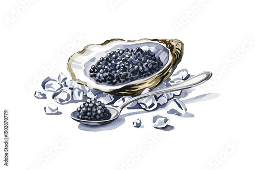 Black caviar in oyster shell with spoon on pieces of crushed ice, watercolor illustration