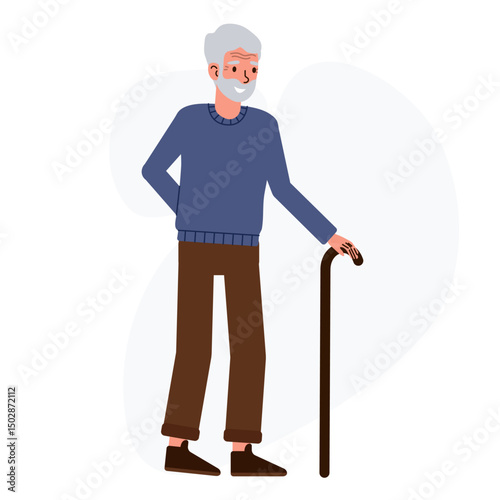 An elderly pensioner man with a shelf in his hands. Flat style vector illustration isolated on white background.