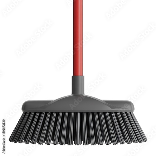 Elevated Broom with Red Handle and Gray Head Against White Background