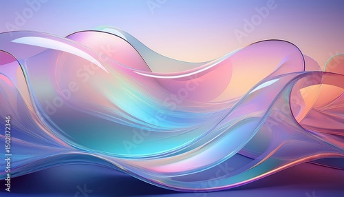 Fototapeta Naklejka Na Ścianę i Meble -  Elegant minimalist abstract background featuring translucent glassmorphic shapes over smooth holographic gradients in pastel colors. Great for modern branding and digital art projects.