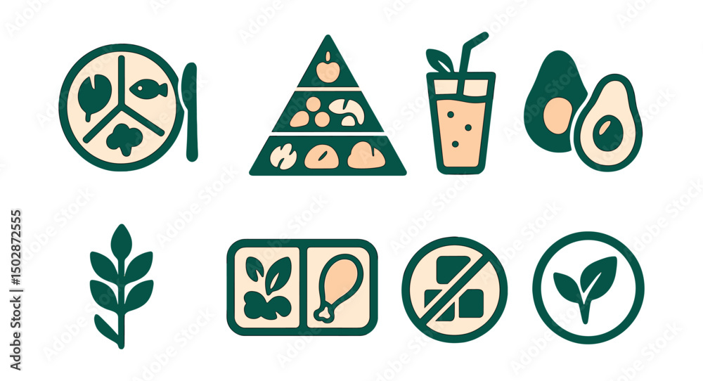 Two-Color vector icons of nutrition and balance: portion plate, food pyramid, smoothie glass, healthy fats. Fiber icon, meal prep, sugar-free label, organic symbol.