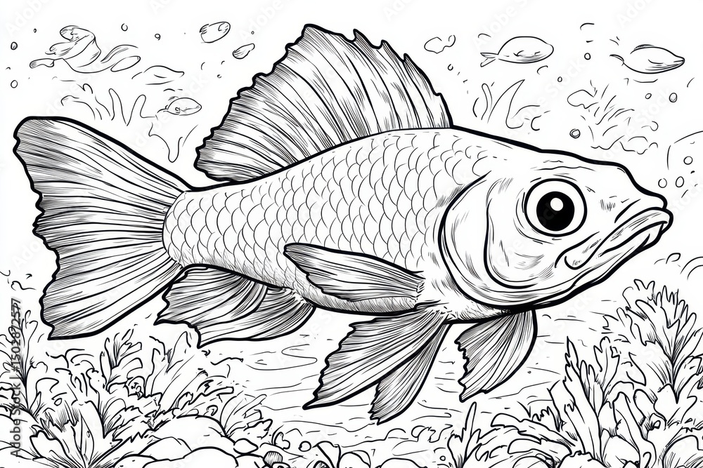 Fototapeta premium Detailed Line Drawing of a Fish in an Underwater Scene Coloring Page