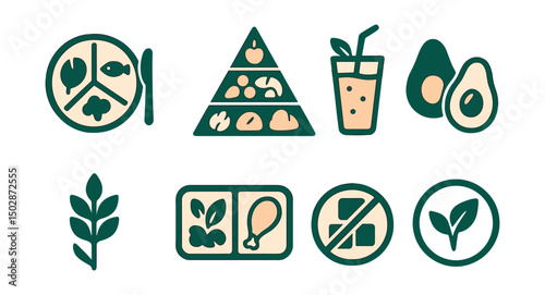 Two-Color vector icons of nutrition and balance: portion plate, food pyramid, smoothie glass, healthy fats. Fiber icon, meal prep, sugar-free label, organic symbol.