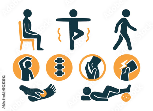 Two-Color vector icons of body awareness: posture icon, balance practice, mindful walking, joint care. Stretch circle, spine alignment, foot massage, foam roller.