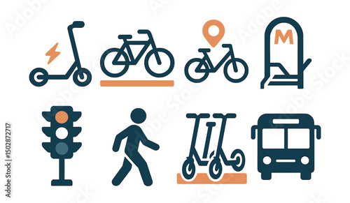 Two-Color vector icons of urban mobility: electric scooter, bike lane, shared bike, metro entrance. Smart traffic light, walking icon, e-scooter dock, city bus.