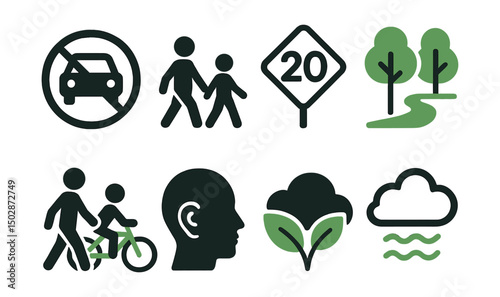 Two-Color vector icons of car-free city zones: no car icon, walkable zone, slow traffic sign, green corridor. People-first street, cyclist priority, noise reduction, clean air zone.