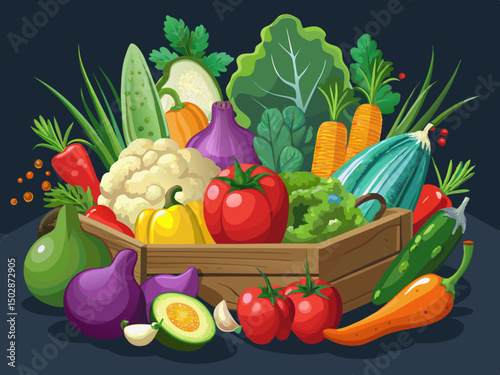 vector of Healthy food background. Healthy food concept, fresh vegetables including eggplant. Cauliflower Tomatoes and yellow Qamzu pepper and green fennel in a wooden box and dark background