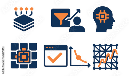 Two-Color vector icons of deep learning: data layers, convolution filter, training icon, AI testing. Tensor matrix, model accuracy, gradient descent, pattern learning.