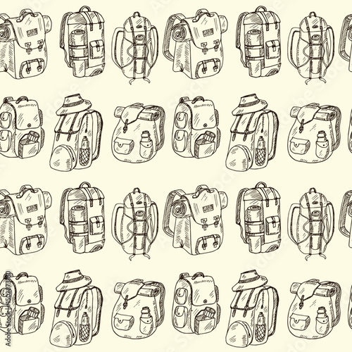 Camping backpack hand drawn doodle seamless pattern. Vector illustration. Isolated elements on white background. Symbol collection.