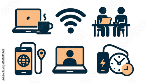Two-Color vector icons of digital nomad life: remote workspace, Wi-Fi icon, coworking desk, portable charger. Laptop with coffee, travel phone, video call, time zone icon.