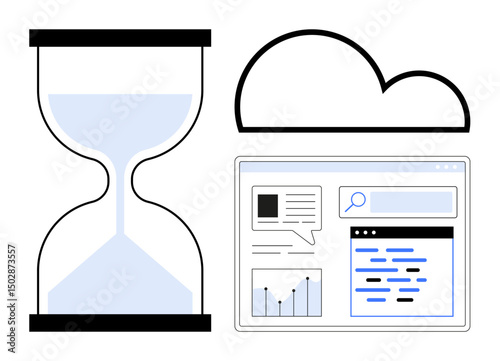 Hourglass symbolizes time, cloud suggests online storage, and web interface implies digital tools. Ideal for productivity, time tracking, technology, communication, cloud computing, and web services