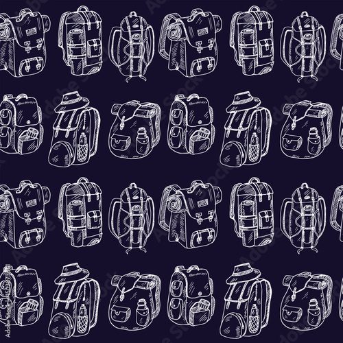Camping backpack hand drawn doodle seamless pattern. Vector illustration. Isolated elements on white background. Symbol collection.