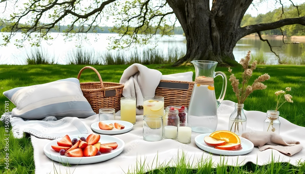 Fototapeta premium Modern cozy picnic in Scandinavian style, without people. Soft neutral-toned blanket with linen and cotton pillows. Wooden accents include a light wooden foldable table, serving trays, and a rustic wo