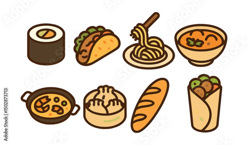 Outline with Fill icon set for international cuisine: sushi roll, taco, spaghetti plate, curry bowl, paella pan, dumplings, baguette, falafel wrap.
