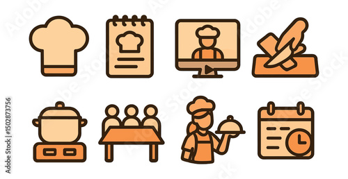 Outline with Fill icon set for cooking classes: chef hat, notepad, video tutorial, hands-on practice, stove setup, shared table, demonstration tray, class schedule.