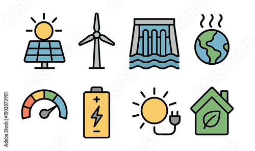 Outline with Fill style icons of renewable energy: solar panel, wind turbine, hydro power, geothermal icon, energy efficiency meter, battery storage, sun with plug, eco house.
