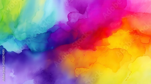Vibrant rainbow watercolor with fluid gradients and soft transitions, blending pure colors naturally.