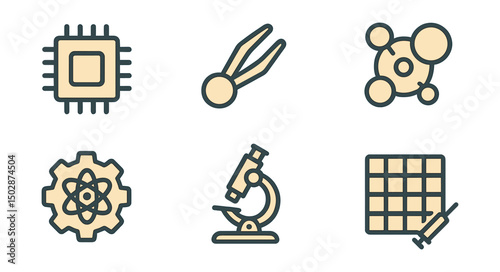 Outline with Fill style icons of nanotechnology: nano chip, microtool, particle icon, quantum dot, atom-scale gear, high-res microscope, nanoscale grid, tiny syringe.