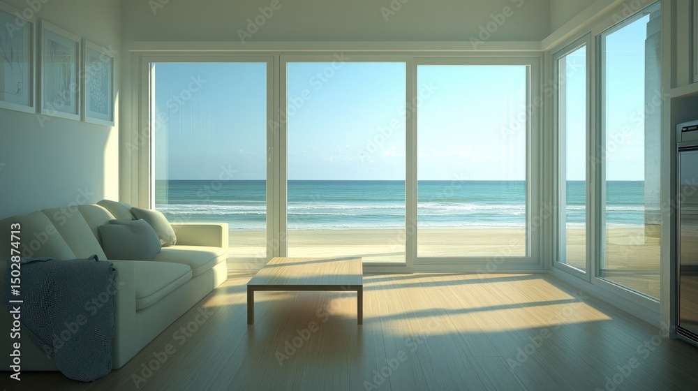 Fototapeta premium Coastal living room with ocean view.