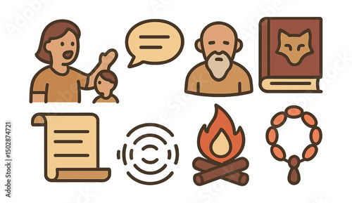 Outline with Fill icon set for oral traditions: storytelling icon, speech circle, elder figure, folklore book, tale scroll, voice waves, wisdom fire, memory bead.