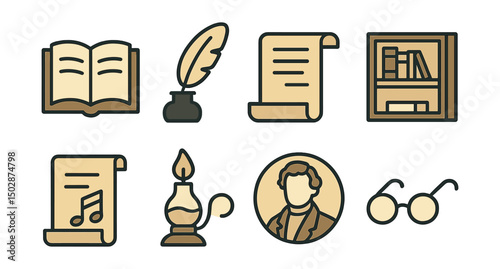 Outline with Fill vector icons of literary culture: open book, feather quill, scroll, library shelf, poetry symbol, story lamp, author portrait, reading glasses.