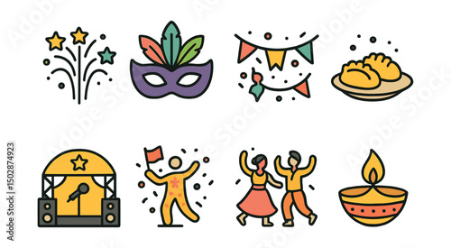 Outline with Fill vector icons of festivals and celebrations: fireworks burst, colorful mask, festive banner, traditional food, music stage, street parade, cultural dance, ceremonial light.