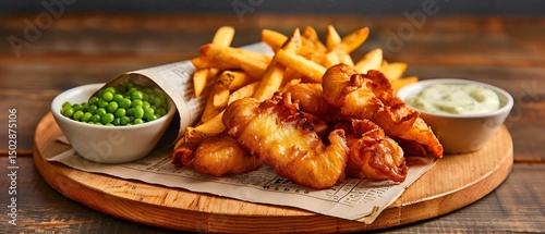 feel Crispy Fish and Chips newspaper cone mushy peas tartar sauce seaside pub background wooden table panoramic shot authentic