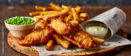 feel Fish and Chips newspaper cone mushy peas tartar sauce seaside pub background wooden table panoramic shot authentic Crispy