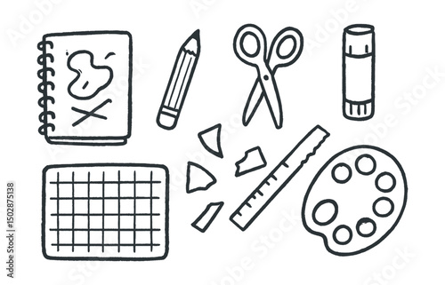 Hand-drawn vector icons of creative workspace: sketchbook, pencil, scissors, glue stick, cutting mat, paper scraps, ruler, paint palette.
