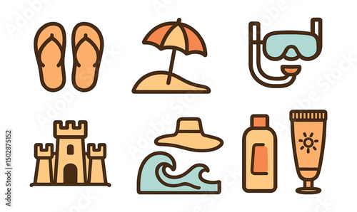 Outline with Fill style icons of beach vacations: flip flops, beach umbrella, snorkeling gear, sun hat, sandcastle, ocean wave, sunscreen bottle, beach drink.