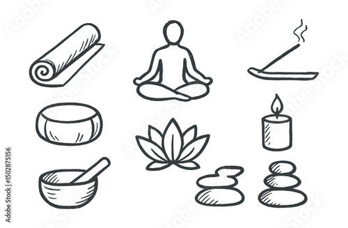 Hand-drawn vector icons of yoga and meditation: yoga mat, sitting figure, incense stick, meditation cushion, lotus flower, candle, singing bowl, stones stack.