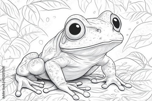 Adorable Frog Coloring Page Detailed Line Art Illustration for Adults and Kids