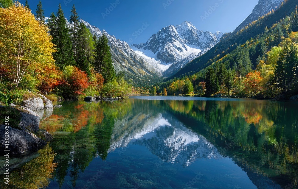 Obraz premium A picturesque mountain landscape with vibrant autumn foliage, reflecting in the crystal-clear waters of an alpine lake.