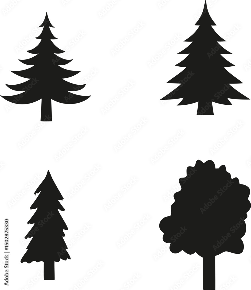 Fototapeta premium Tree Silhouette Vector Set – Pine and Forest Tree Icons PNG