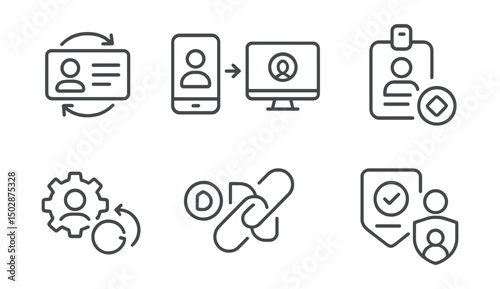 Line style icons of digital identity: reusable KYC profile, cross-platform identity, interoperable ID badge, DID (decentralized identifier) symbol, identity sync tool, cross-chain identity connector,