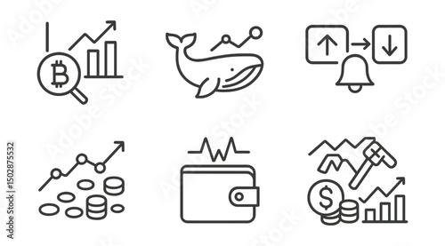 Line style icons of crypto forecasts: on-chain data forecast, whale activity prediction, exchange inflow/outflow signal, transaction volume trend, wallet activity pulse, miner behavior signal, HODL