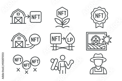 Line style icons of crypto farming: farm-to-NFT integration, NFT reward for farming, farming badge NFT, farm-backed NFT staking, LP token NFT bridge, visual farm rewards, NFT multipliers icon, NFT