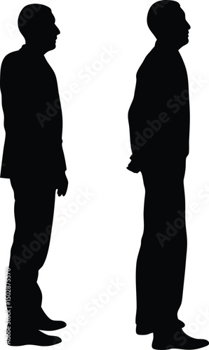 "Silhouette of Two Men Standing – Black Vector Male Figures Side View Illustration"
